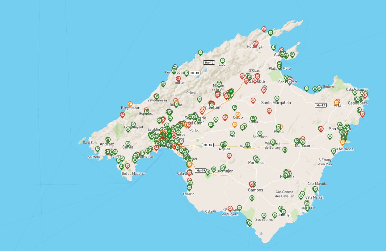 Map with all charging points for electric vehicles in Mallorca